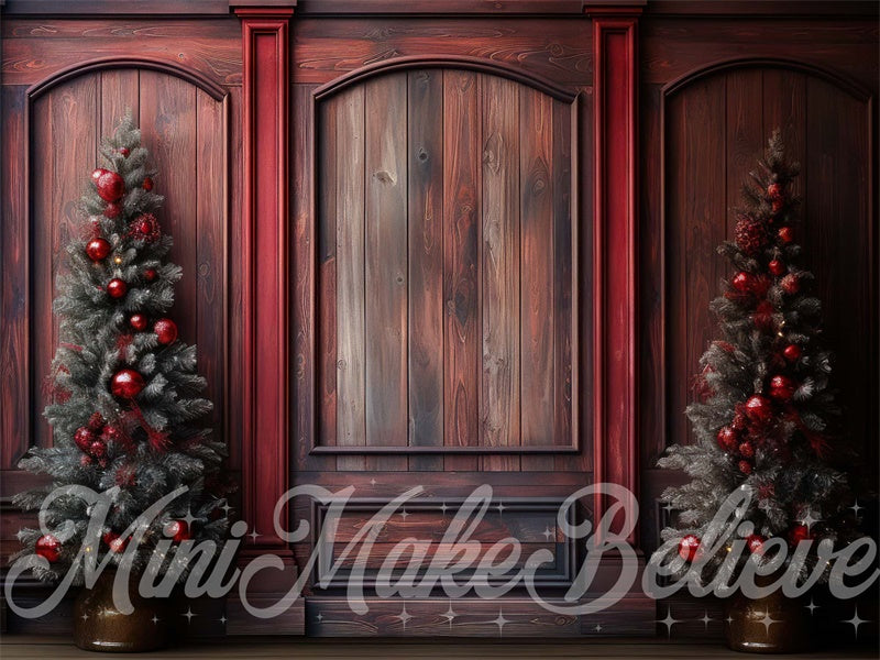 Kate Winter Christmas Red Wood Wall Trees Backdrop Designed by Mini MakeBelieve