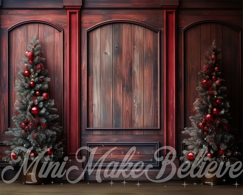 Kate Winter Christmas Red Wood Wall Trees Backdrop Designed by Mini MakeBelieve