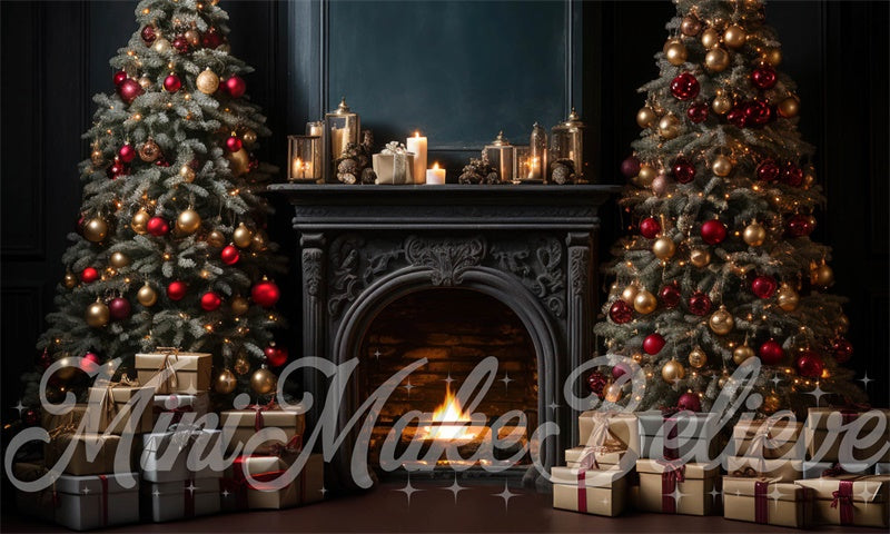 Kate Luxury Navy Winter Christmas Backdrop Fireplace Trees Designed by Mini MakeBelieve