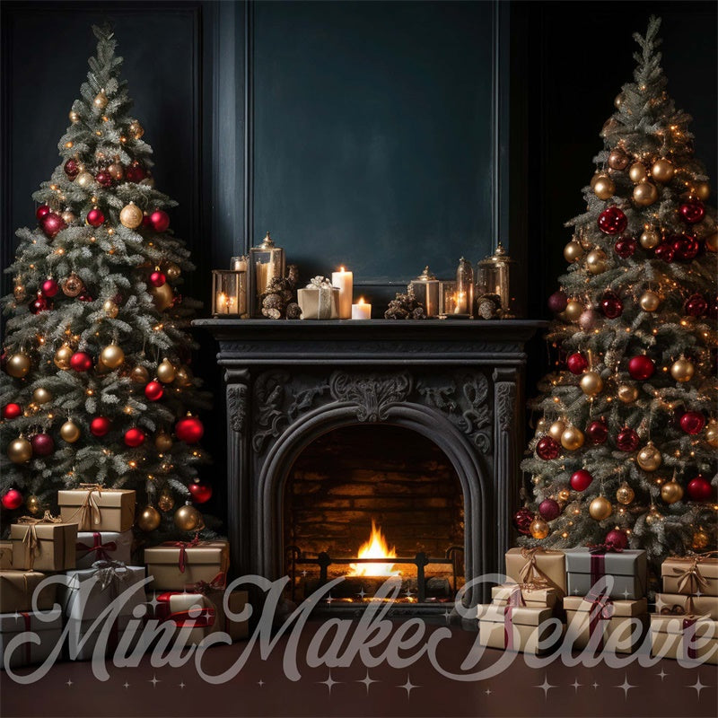 Kate Luxury Navy Winter Christmas Backdrop Fireplace Trees Designed by Mini MakeBelieve