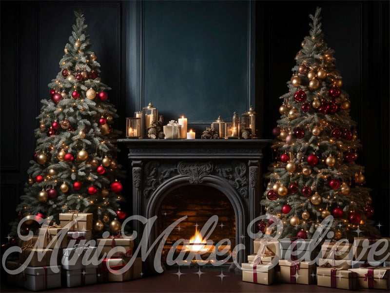 Kate Luxury Navy Winter Christmas Backdrop Fireplace Trees Designed by Mini MakeBelieve