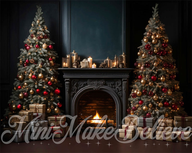 Kate Luxury Navy Winter Christmas Backdrop Fireplace Trees Designed by Mini MakeBelieve