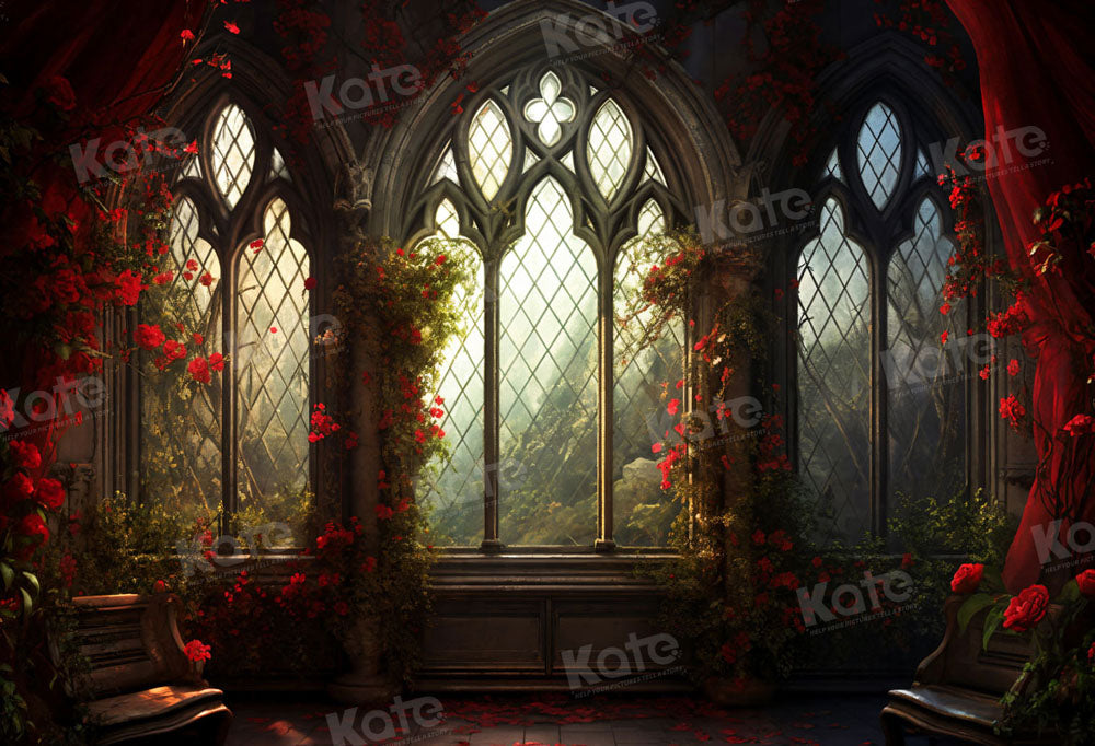 Kate Valentine's Day Red Rose Church Window Backdrop for Photography