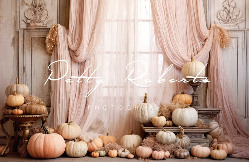 Kate Pink Curtain Pumpkin Autumn Birthday Backdrop Designed by Patty Robertss