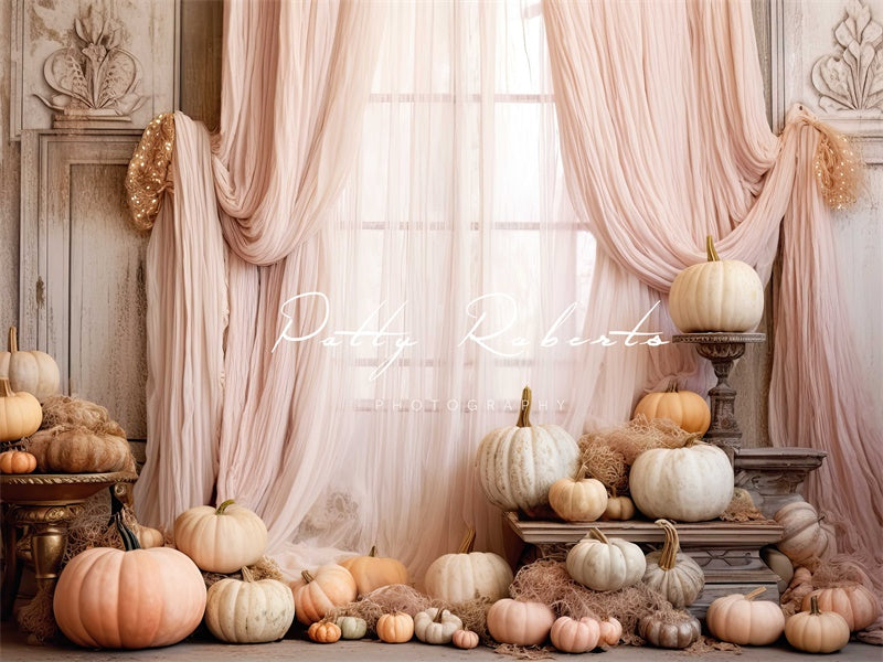 Kate Pink Curtain Pumpkin Autumn Birthday Backdrop Designed by Patty Robertss