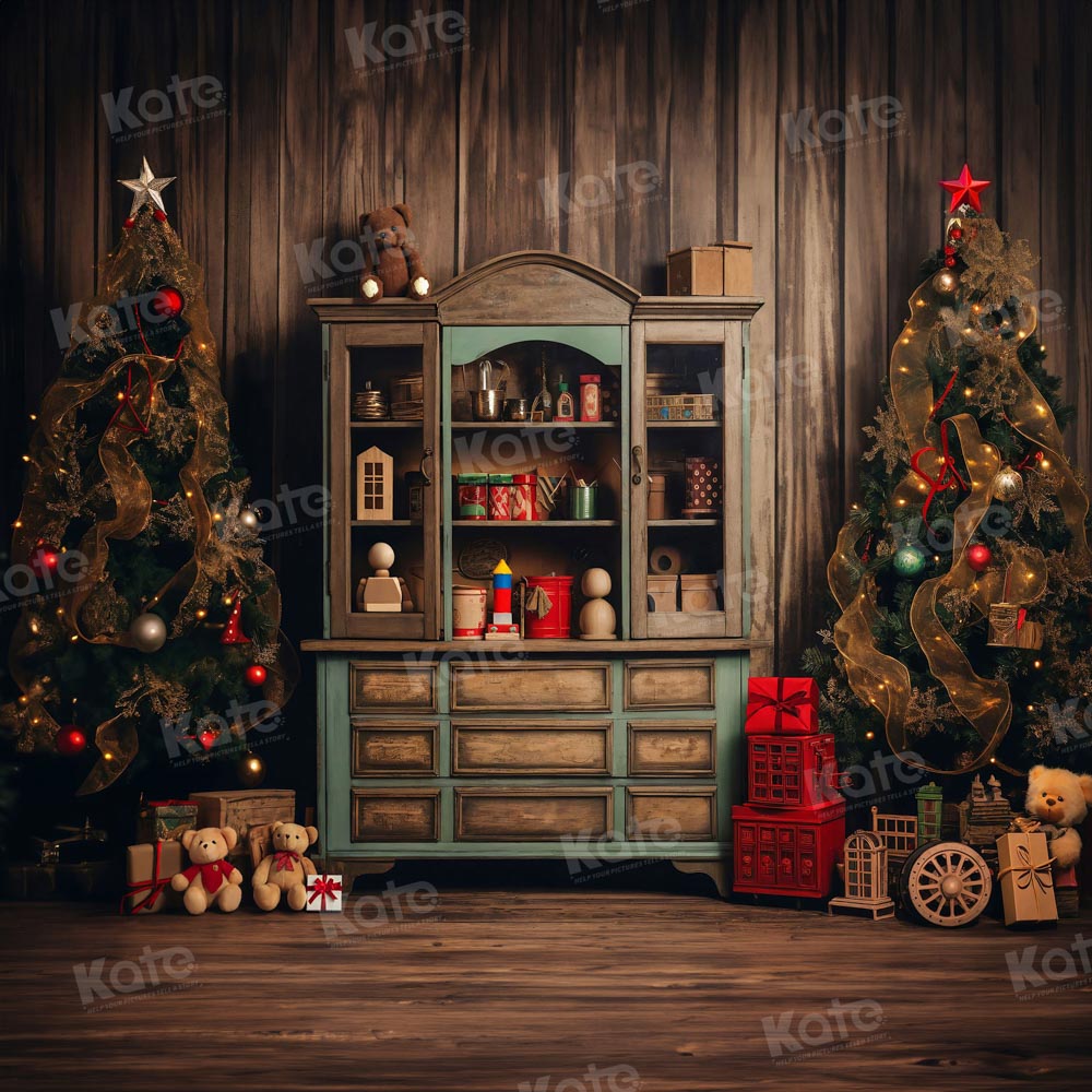 Kate Christmas Tree Bear Bookshelf Backdrop for Photography