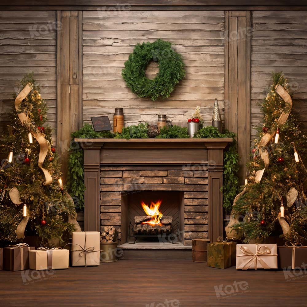 Kate Christmas Tree Fireplace Gift Backdrop for Photography