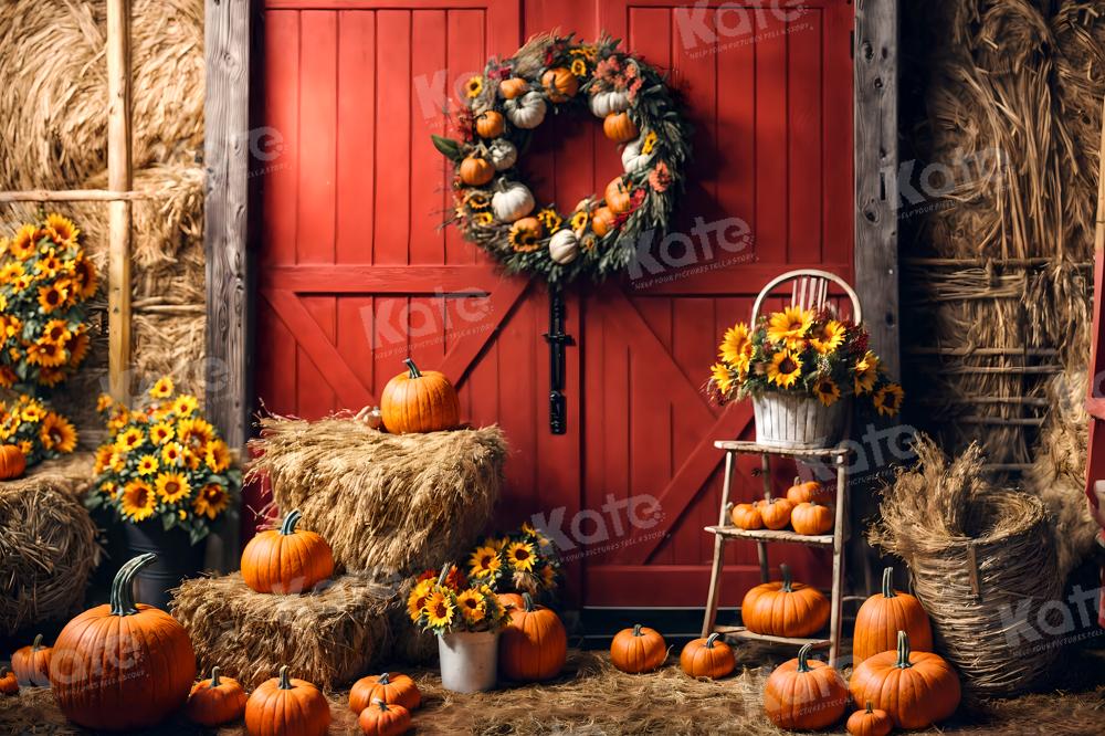 Kate Autumn Backdrop Pumpkins Red Barn Door Sunflowers for Photography