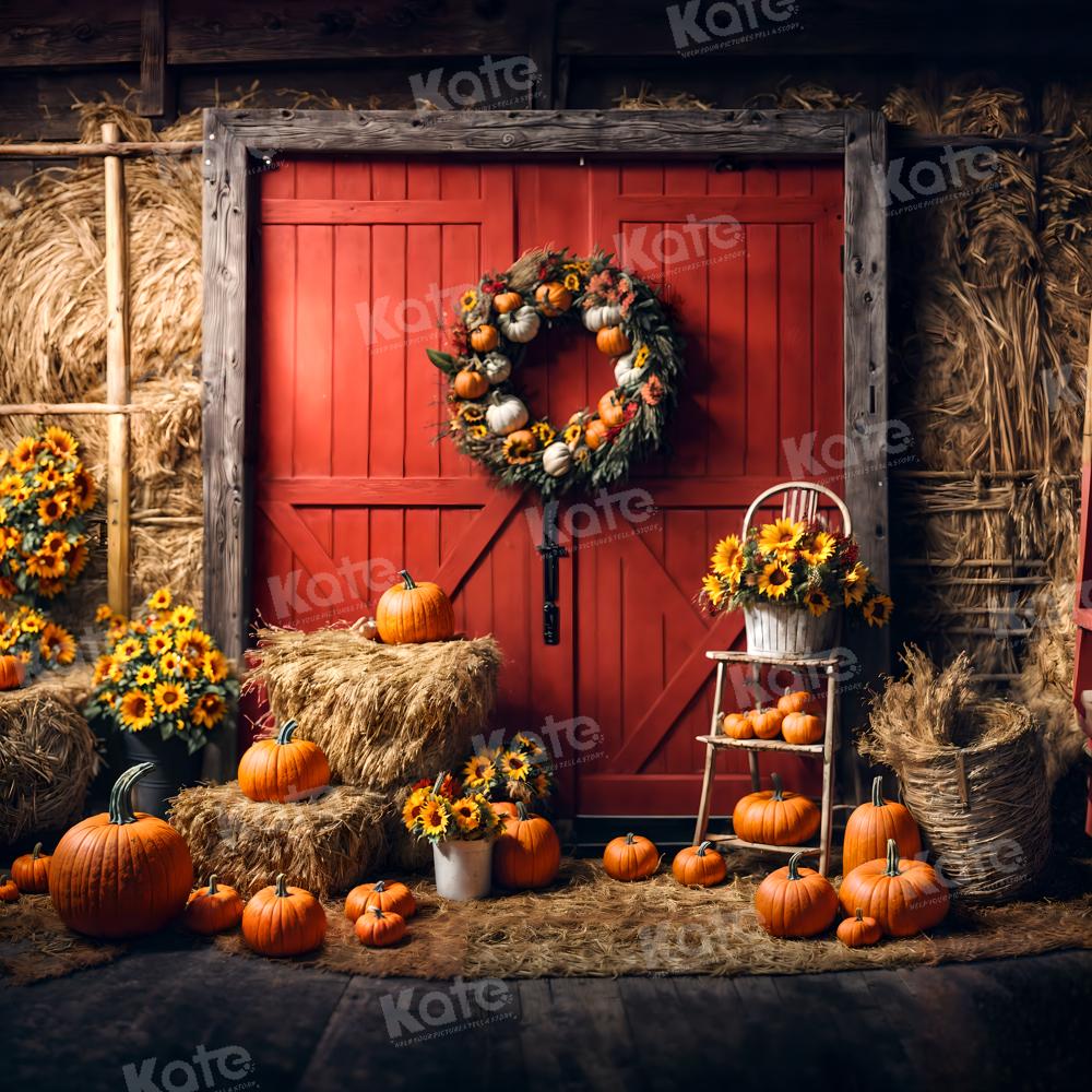 Kate Autumn Backdrop Pumpkins Red Barn Door Sunflowers for Photography