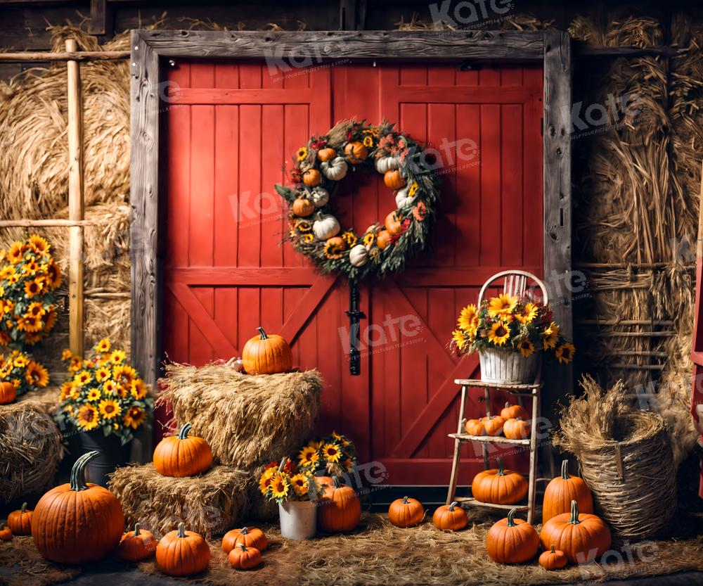 Kate Autumn Backdrop Pumpkins Red Barn Door Sunflowers for Photography