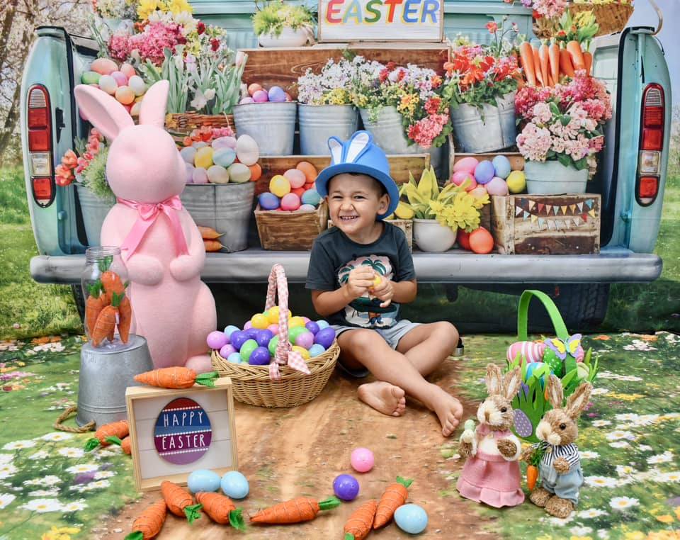 Kate Easter Truck Green Plant Backdrop+Spring Flowers Field Path Floor Backdrop