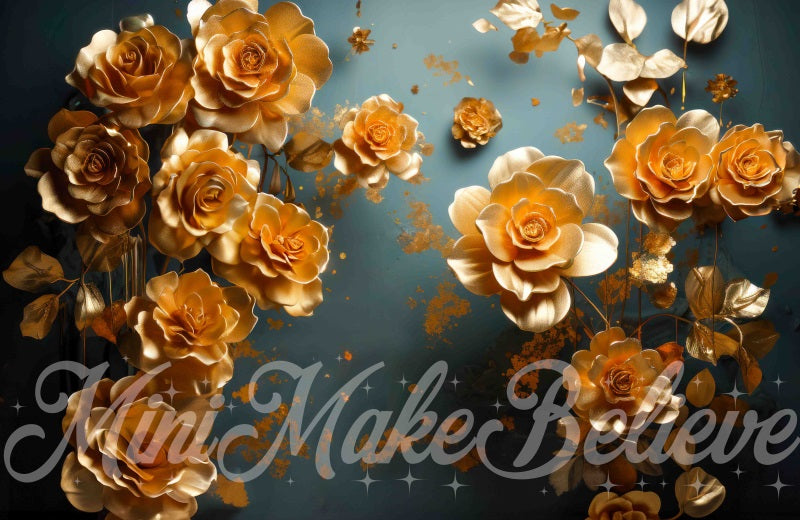 Kate Gold Flowers Blue Fine Art Wall Backdrop Designed by Mini MakeBelieve