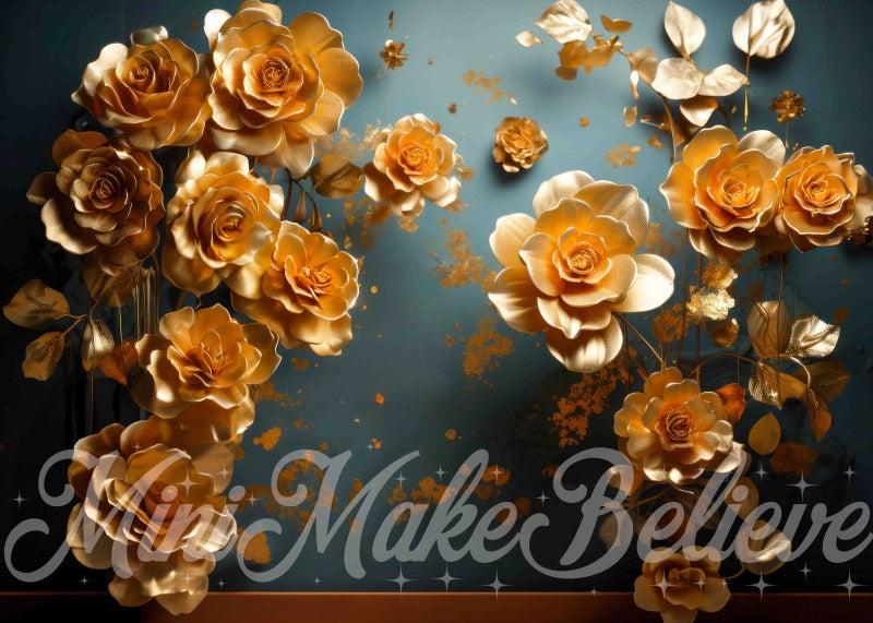 Kate Gold Flowers Blue Fine Art Wall Backdrop Designed by Mini MakeBelieve