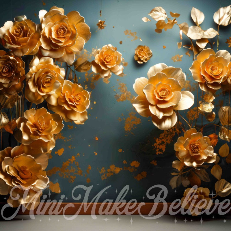 Kate Gold Flowers Blue Fine Art Wall Backdrop Designed by Mini MakeBelieve