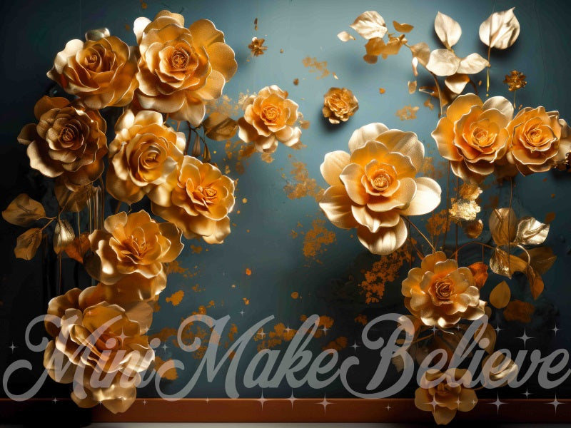 Kate Gold Flowers Blue Fine Art Wall Backdrop Designed by Mini MakeBelieve