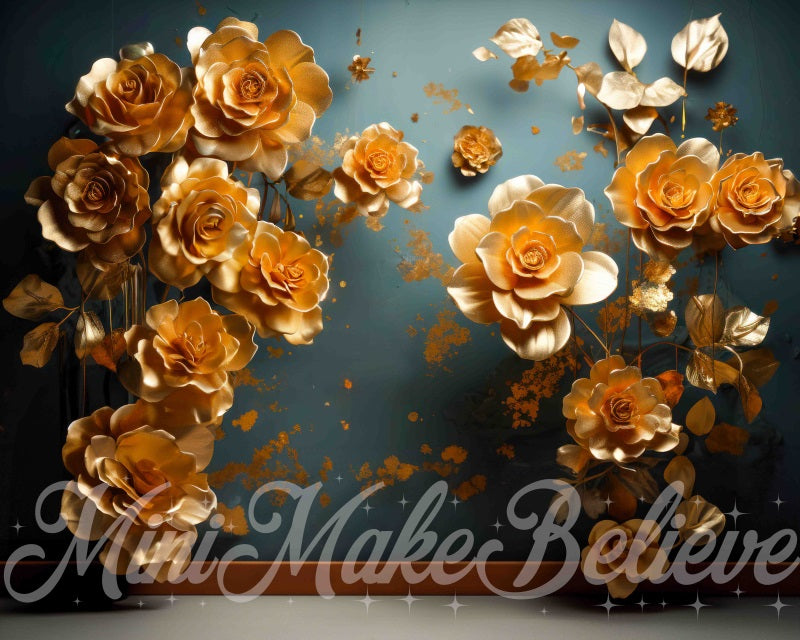 Kate Gold Flowers Blue Fine Art Wall Backdrop Designed by Mini MakeBelieve