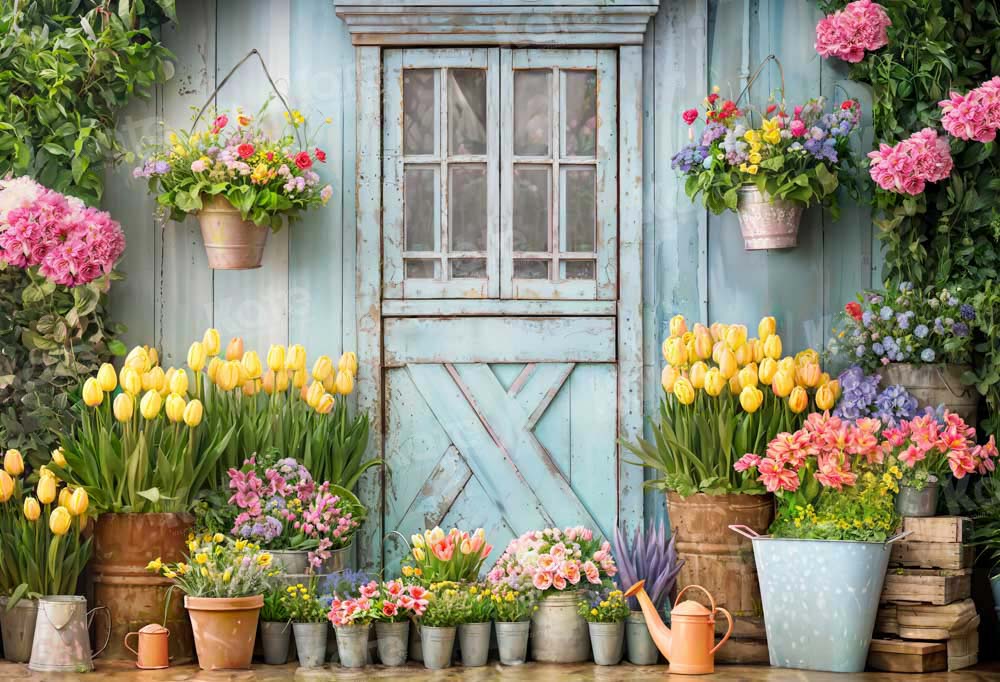 Kate Spring Backdrop Blue Wooden Door Flowers Green Plants Designed by Emetselch