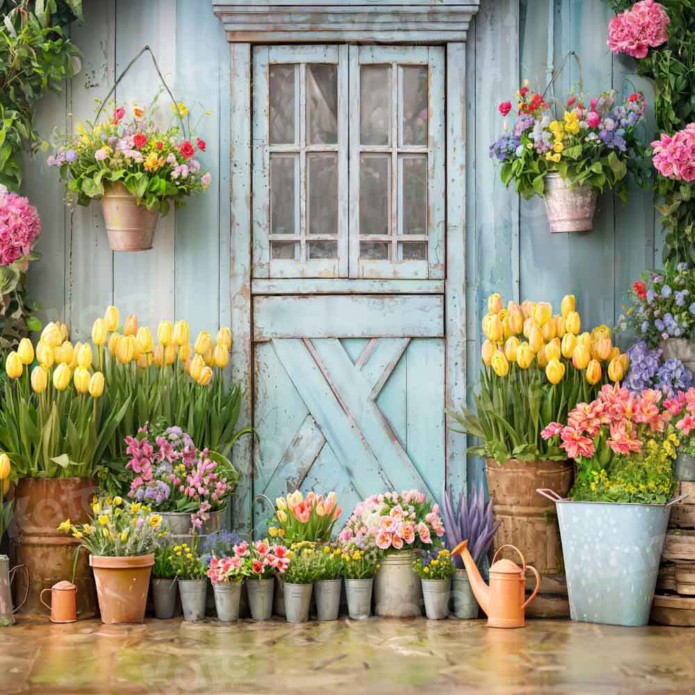 Kate Spring Backdrop Blue Wooden Door Flowers Green Plants Designed by Emetselch