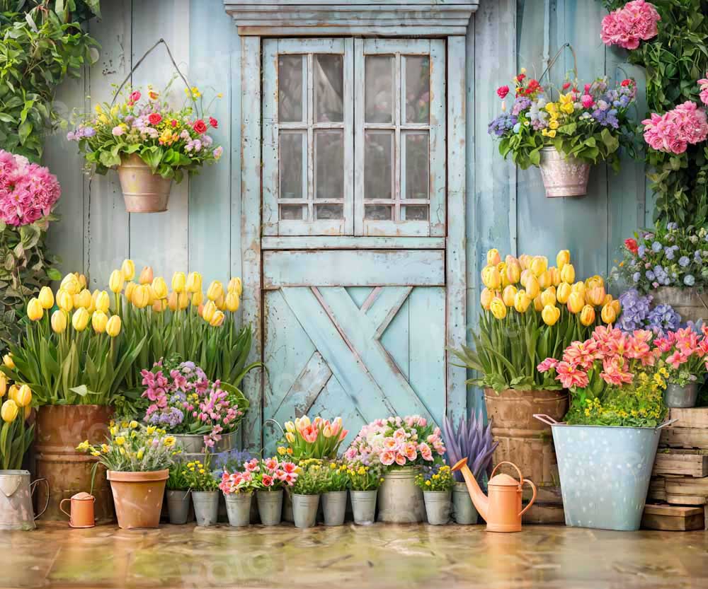 Kate Spring Backdrop Blue Wooden Door Flowers Green Plants Designed by Emetselch