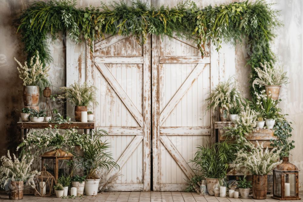 Kate Spring Backdrop White Wooden Door Green Plants Designed by Emetselch