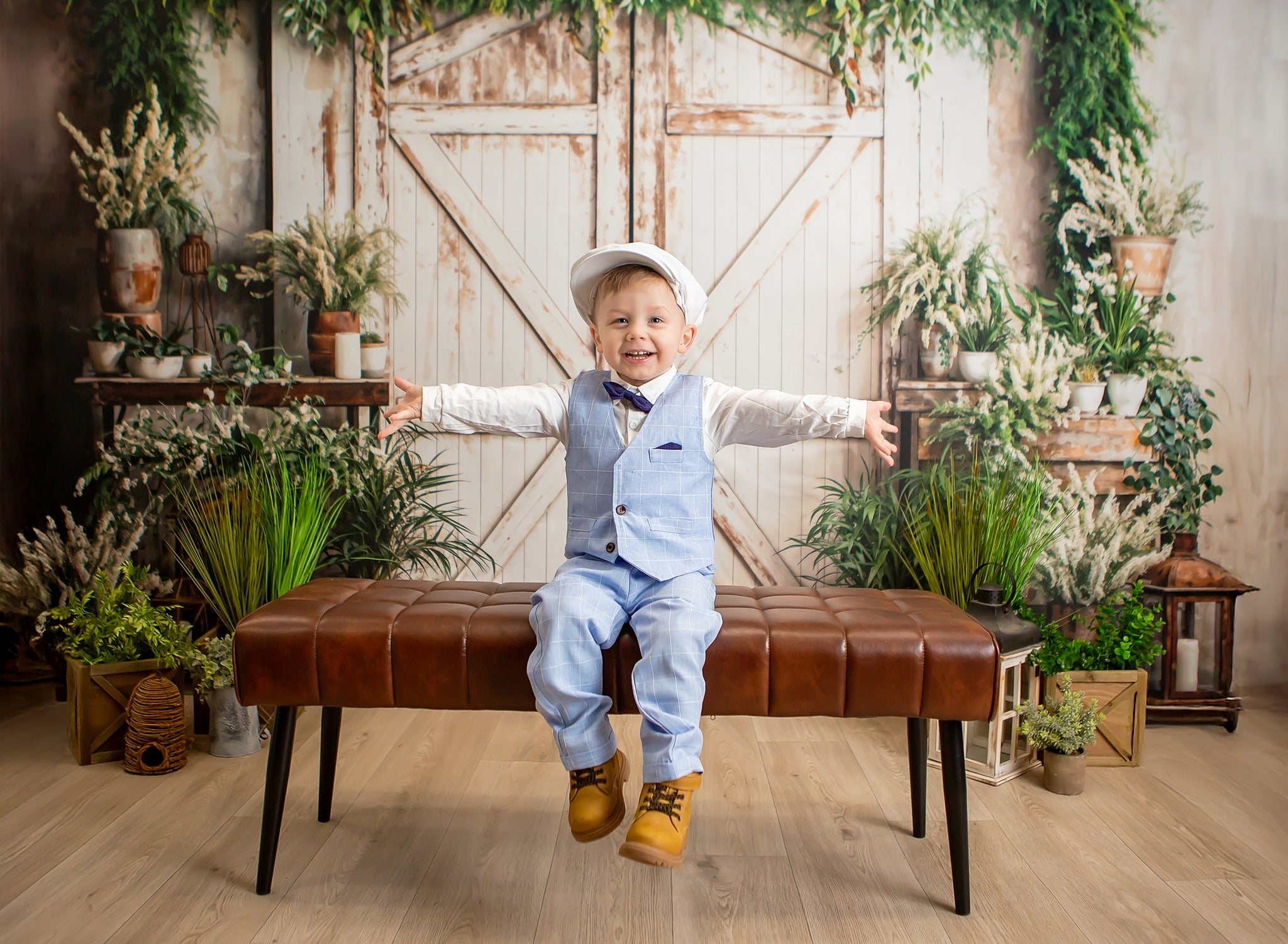 Kate Spring Backdrop White Wooden Door Green Plants Designed by Emetselch