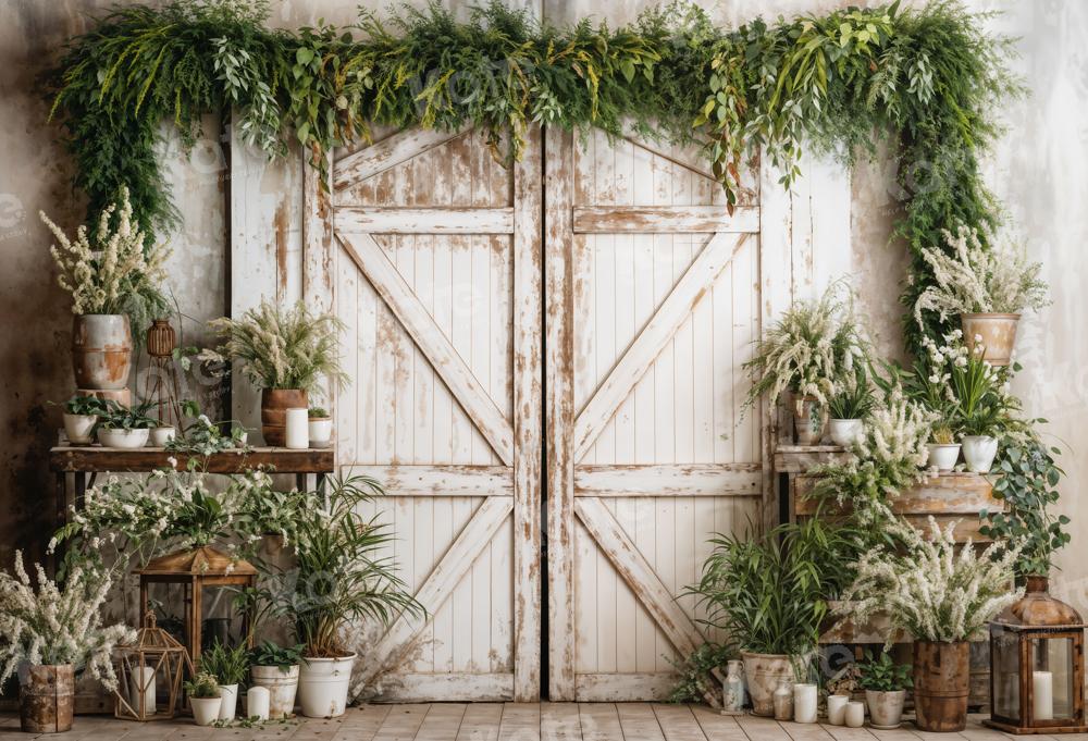 Kate Spring Backdrop White Wooden Door Green Plants Designed by Emetselch