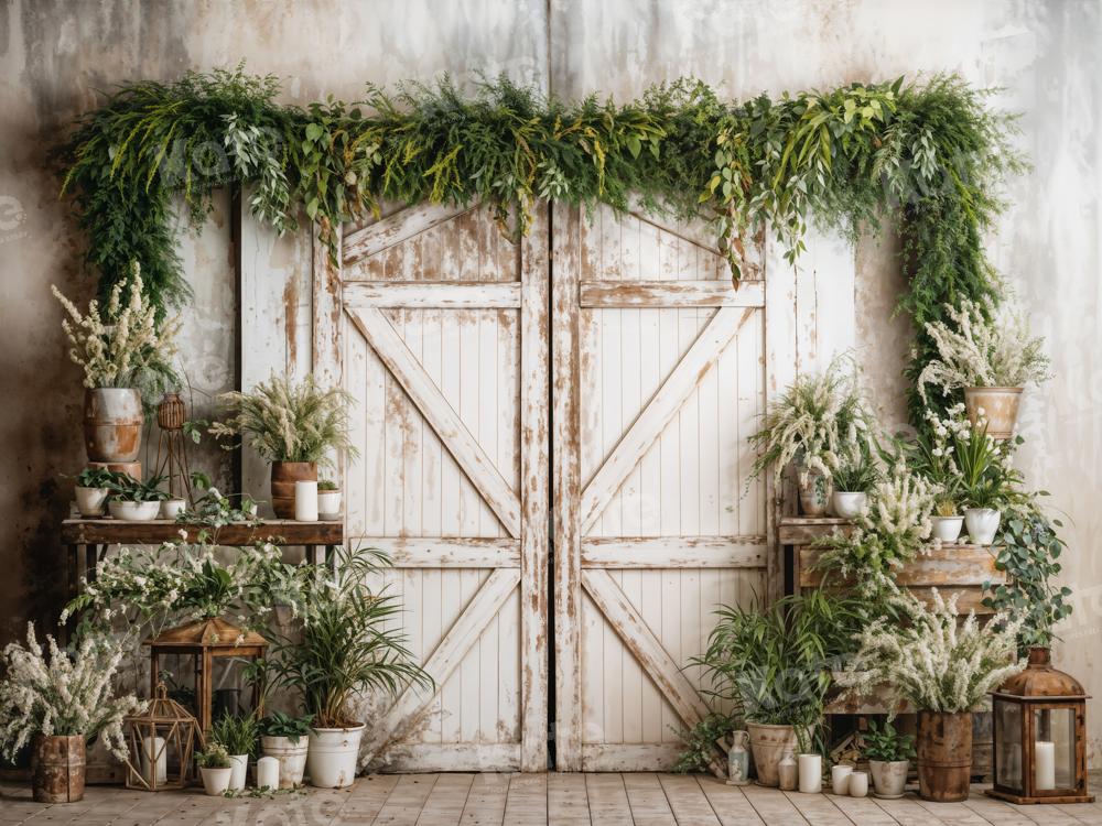 Kate Spring Backdrop White Wooden Door Green Plants Designed by Emetselch