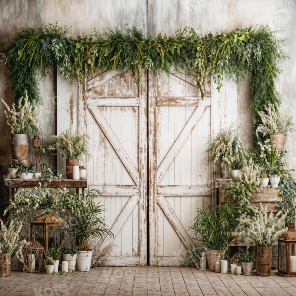 Kate Spring Backdrop White Wooden Door Green Plants Designed by Emetselch