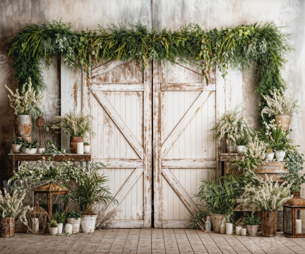 Kate Spring Backdrop White Wooden Door Green Plants Designed by Emetselch