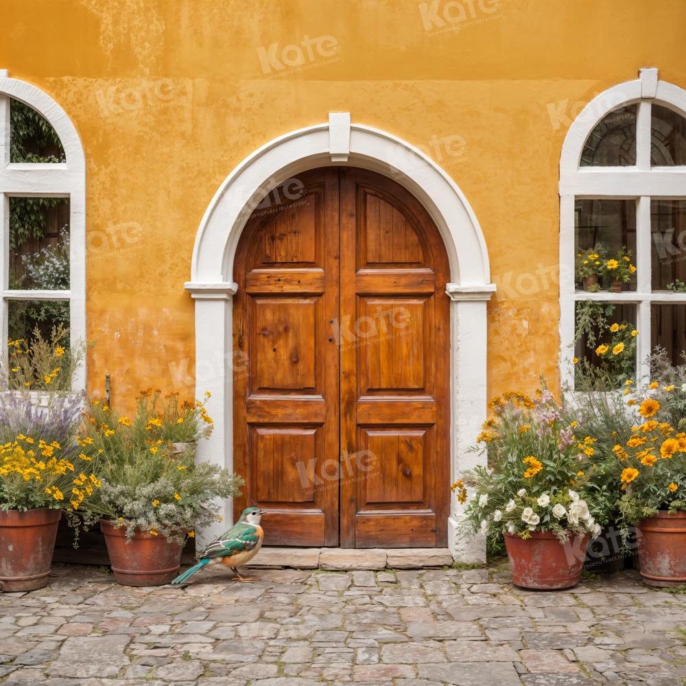 Kate Yellow Flowers Backdrop Wooden Door Window for Photography