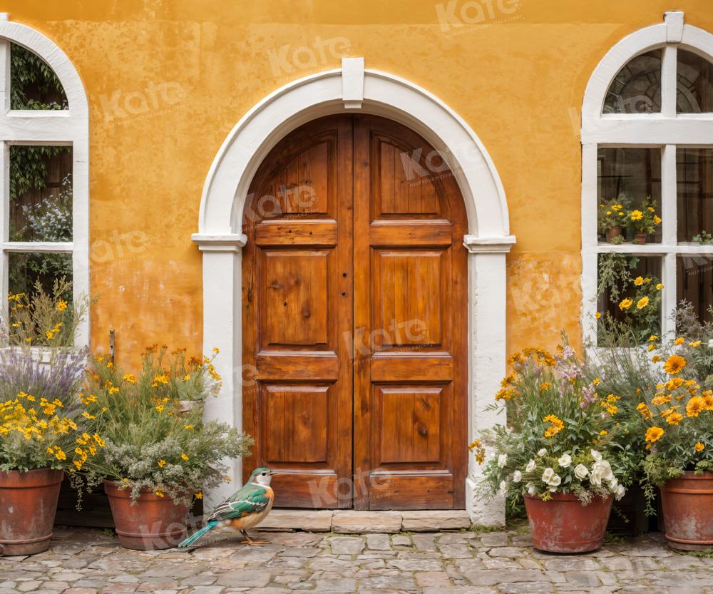 Kate Yellow Flowers Backdrop Wooden Door Window for Photography