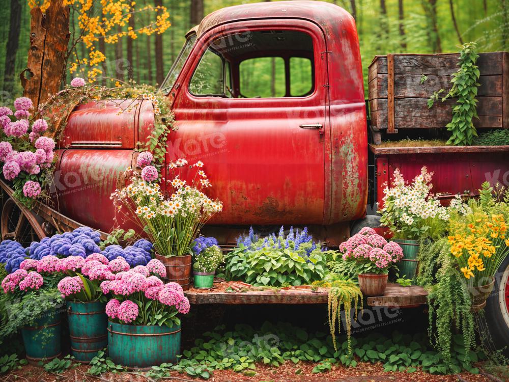 Kate Spring Red Truck Flowers Backdrop for Photography