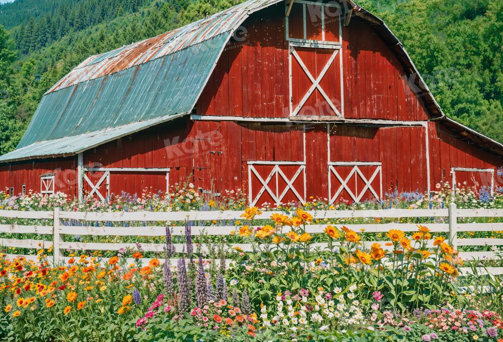 Kate Spring Flowers Fence Red Barn Backdrop for Photography