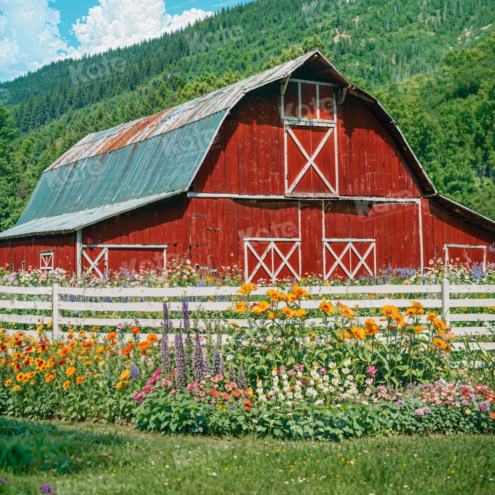 Kate Spring Flowers Fence Red Barn Backdrop for Photography