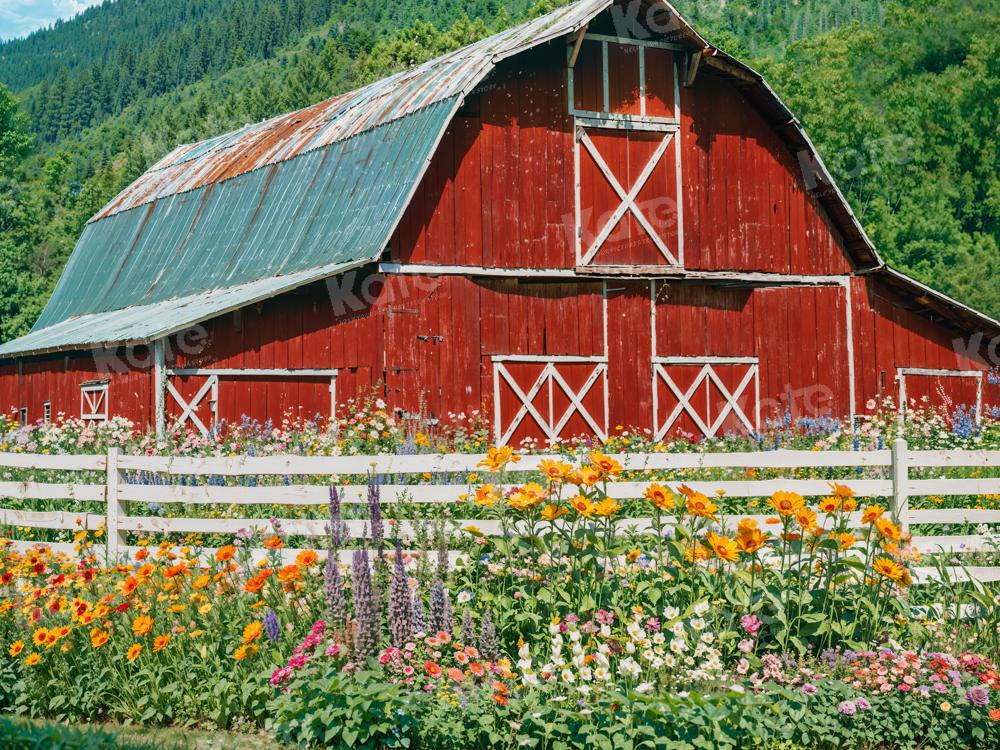 Kate Spring Flowers Fence Red Barn Backdrop for Photography