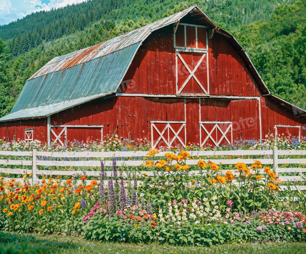 Kate Spring Flowers Fence Red Barn Backdrop for Photography