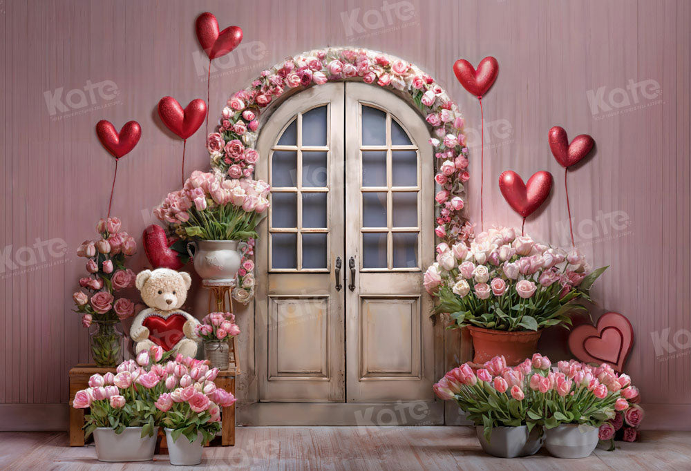 Kate Pink Valentine's Day Flowers Balloon Bear Backdrop Designed by Chain Photography