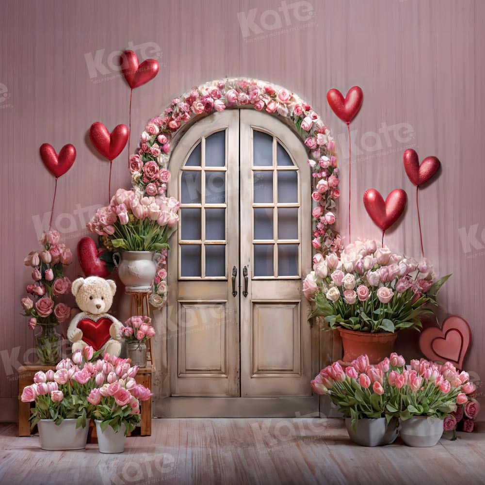 Kate Pink Valentine's Day Flowers Balloon Bear Backdrop Designed by Chain Photography