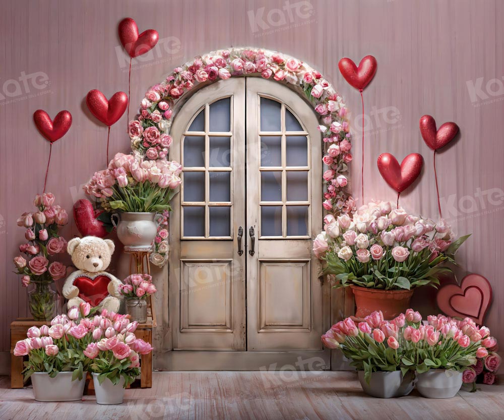 Kate Pink Valentine's Day Flowers Balloon Bear Backdrop Designed by Chain Photography