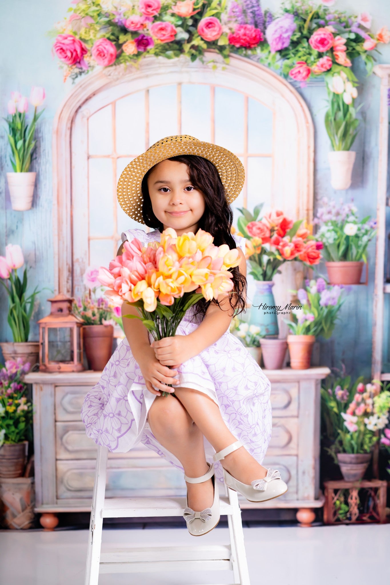 Kate Spring Flowers Potted Window Room Backdrop Designed by Chain Photography