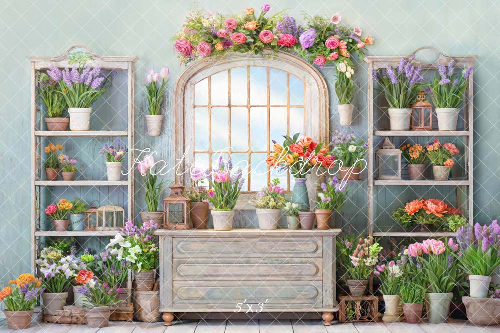 Kate Spring Flowers Potted Window Room Backdrop Designed by Chain Photography