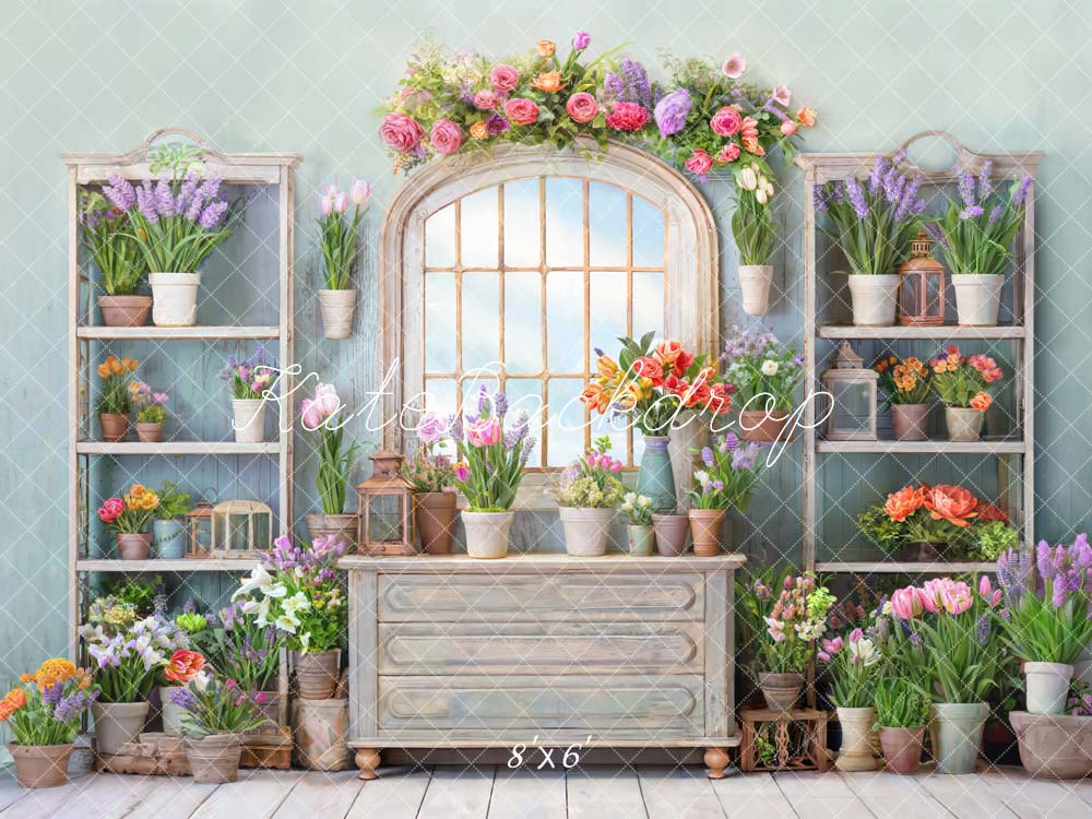 Kate Spring Flowers Potted Window Room Backdrop Designed by Chain Photography