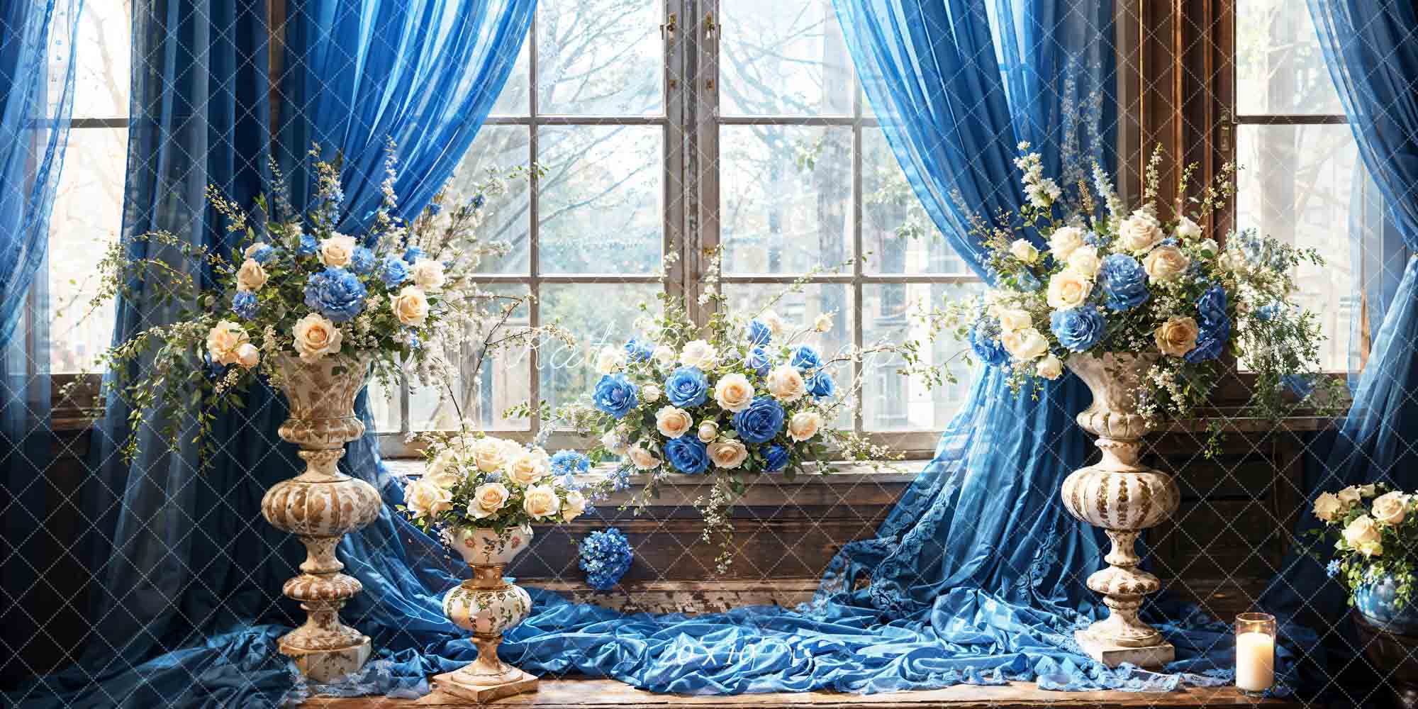 Kate Blue Flowers Candles Window Room Backdrop Designed by Emetselch