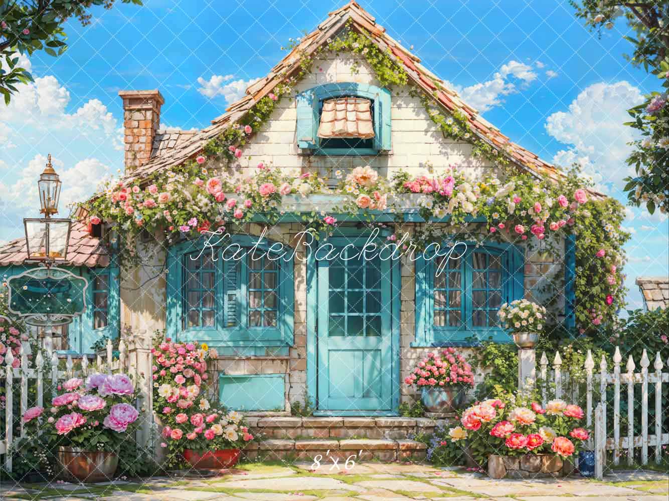 Kate Spring Flowers Fence Blue House Backdrop Designed by Emetselch