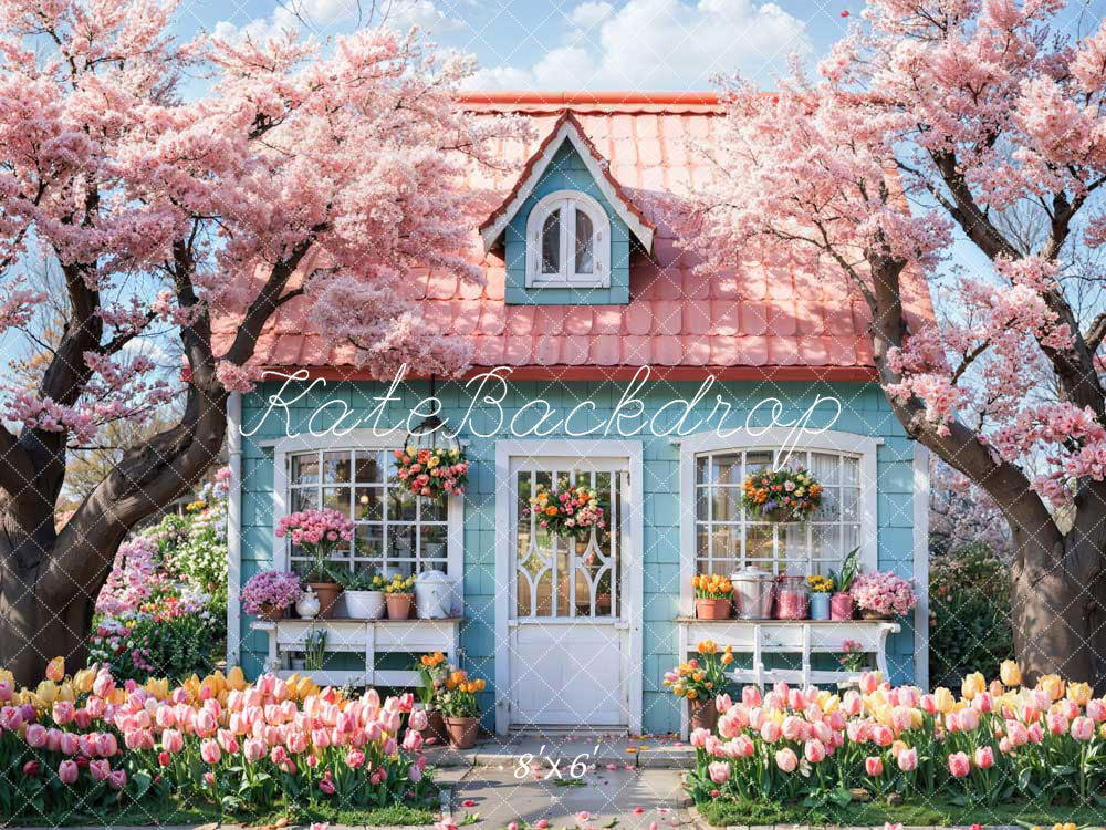 Kate Spring Pink Flowers Tree House Backdrop Designed by Emetselch