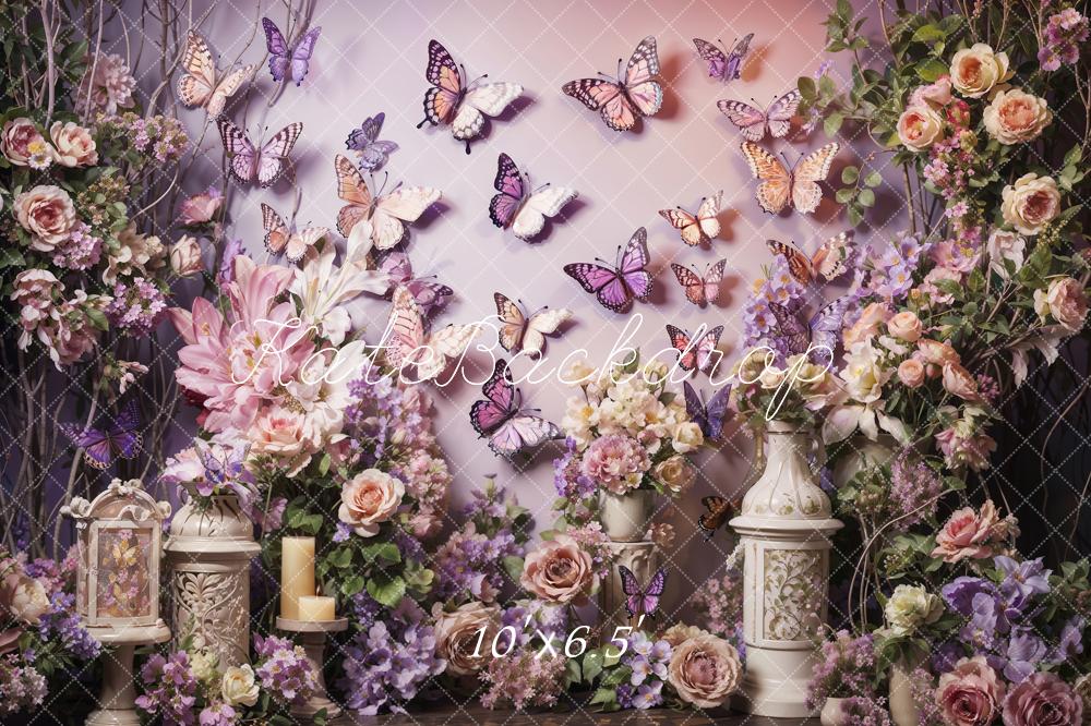 Kate Spring Pink and Purple Flowers Butterfly Wall Backdrop Designed by Emetselch