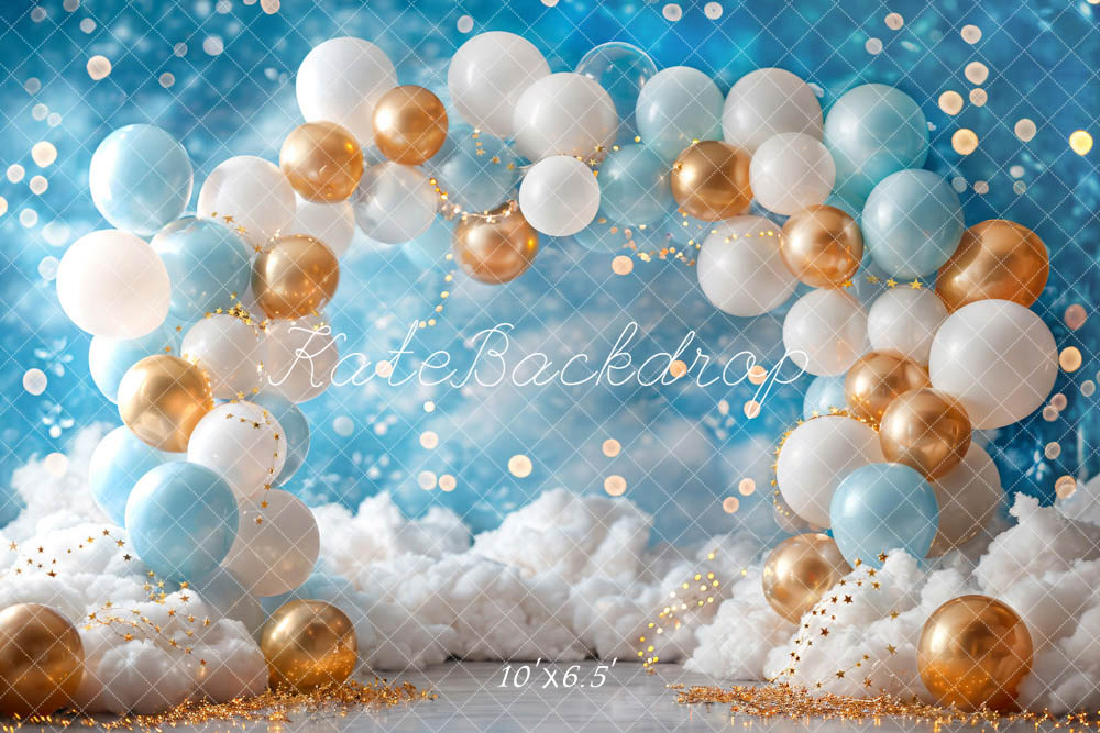 Kate White Blue Gold Balloon Backdrop Birthday Cake Smash Designed by Emetselch