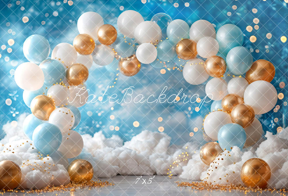 Kate White Blue Gold Balloon Backdrop Birthday Cake Smash Designed by Emetselch