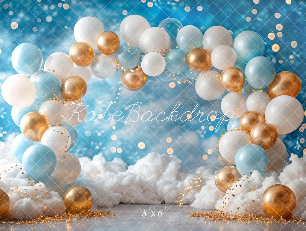 Kate White Blue Gold Balloon Backdrop Birthday Cake Smash Designed by Emetselch