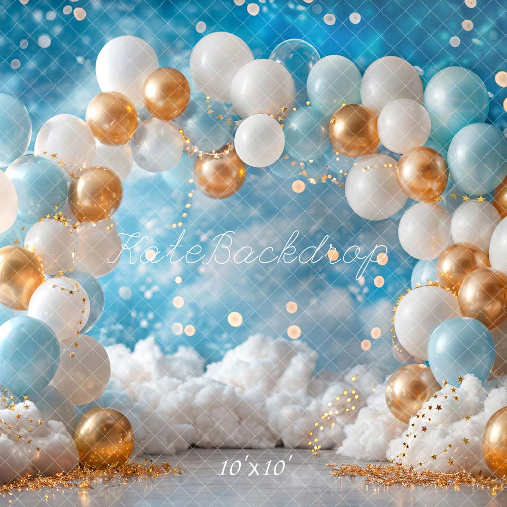 Kate White Blue Gold Balloon Backdrop Birthday Cake Smash Designed by Emetselch